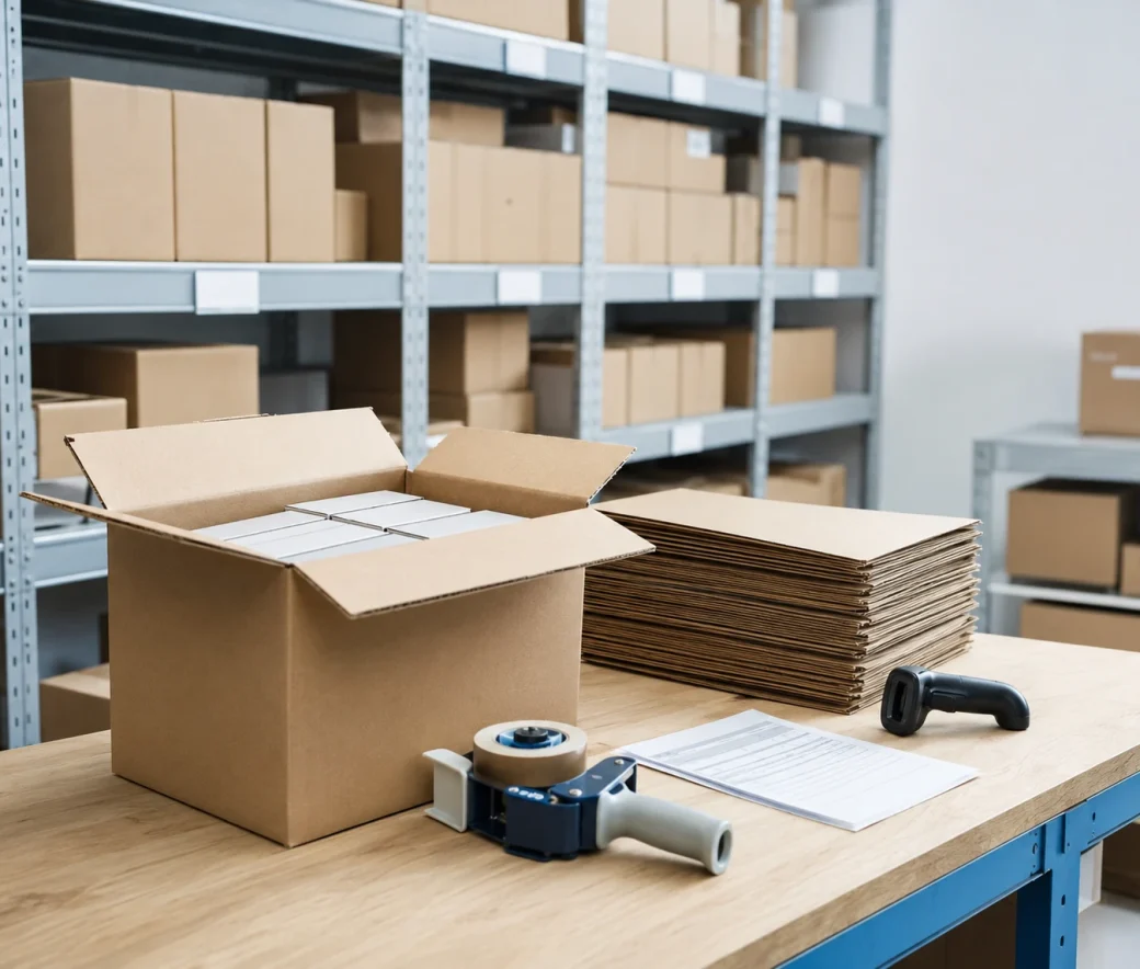 Staff packing orders in the fulfilment warehouse